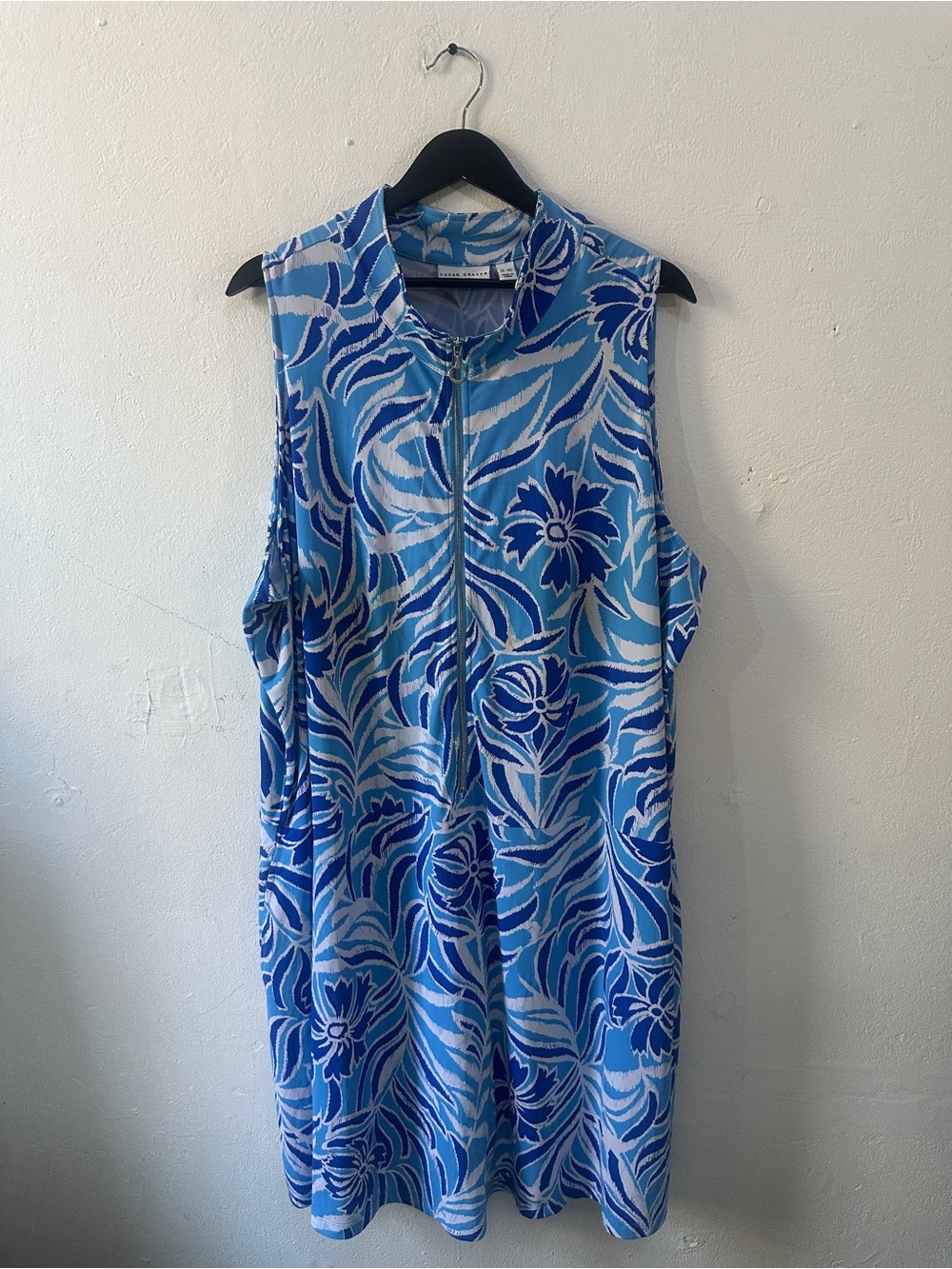 Susan Graver 3X Blue Floral Sleeveless Zip Front Dress Side Pockets